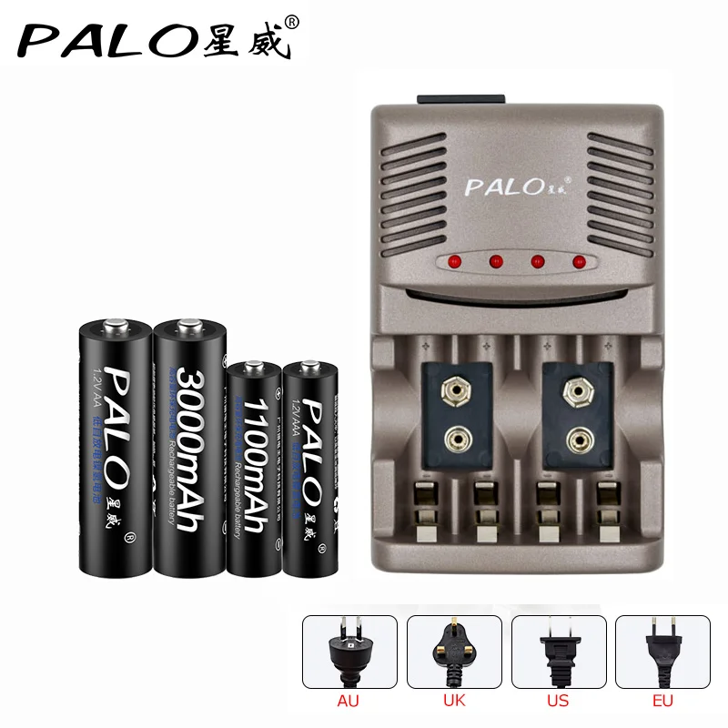 

4 Slots Quick Charger Intelligent LED Light Battery Charger For NiCd NiMH AA AAA 6F22 Batteries With 2Pcs AA+2pcs AAA Batteries