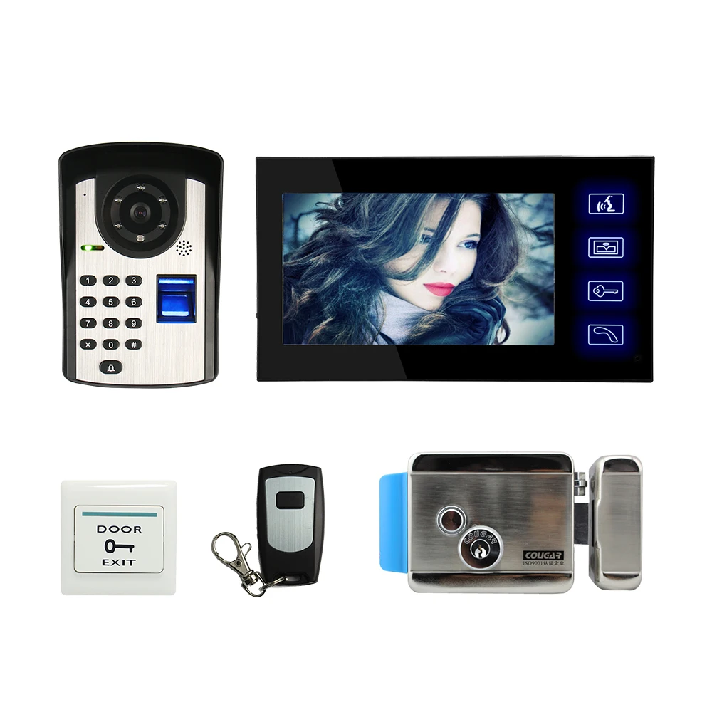 

FREE SHIPPING 7" Screen Video Door Phone Doorbell Intercom Kit Fingerprint Code Keypad Remote Access Door Camera Electric Lock
