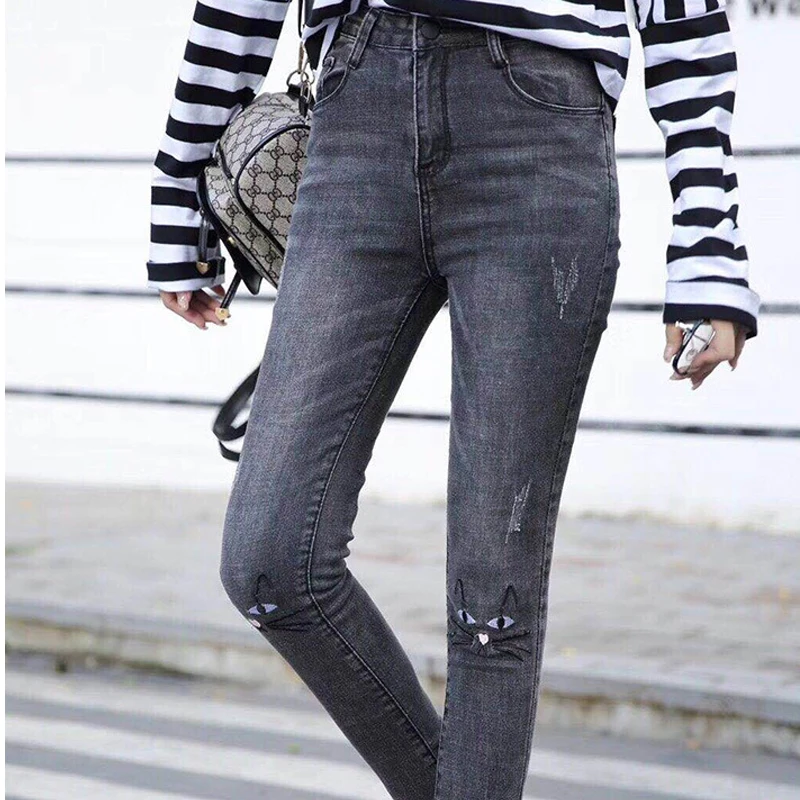 Autumn Cute Knee Cat Embroidered Jeans For Women New 2018 Skinny Jeans