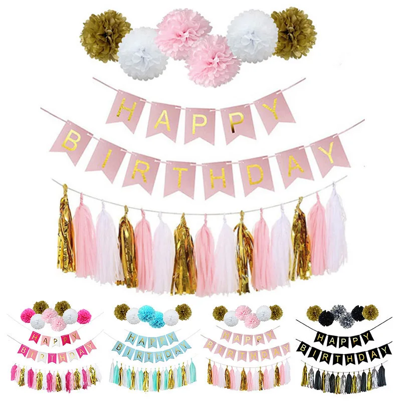 Cheap Pink Happy Birthday Banner White Tissue Paper Tassel Garland
