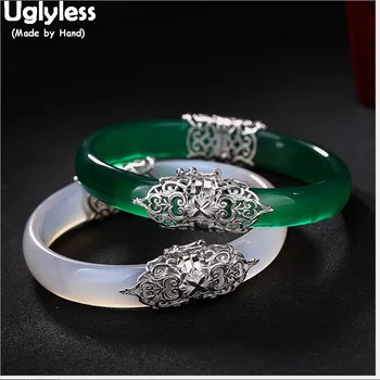 

Uglyless Real Solid 925 Sterling Silver Handmade Vines Flower Bangles for Women Chalcedony Bangle Ethnic Bracelets Fine Jewelry