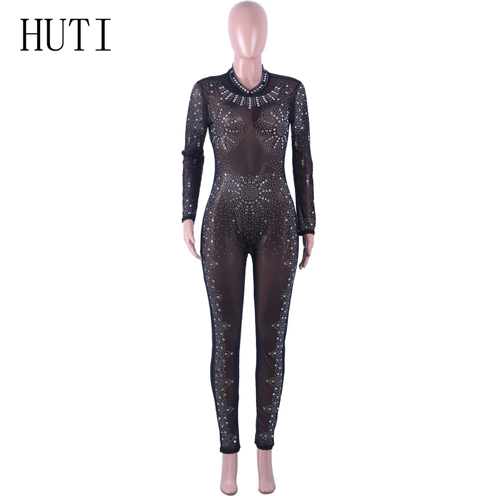 HUTI Women Jumpsuit Sparkly Rhinestone Diamonds Jumpsuits Long Sleeve See Through Mesh Bodysuits Club Party One Piece Romper