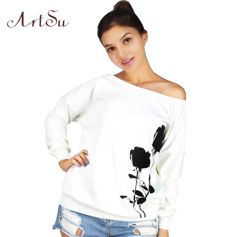  ArtSu Black Flower Printed One Shoulder Sweatshirt for Women Sexy Long Sleeve Casual Loose Autumn W