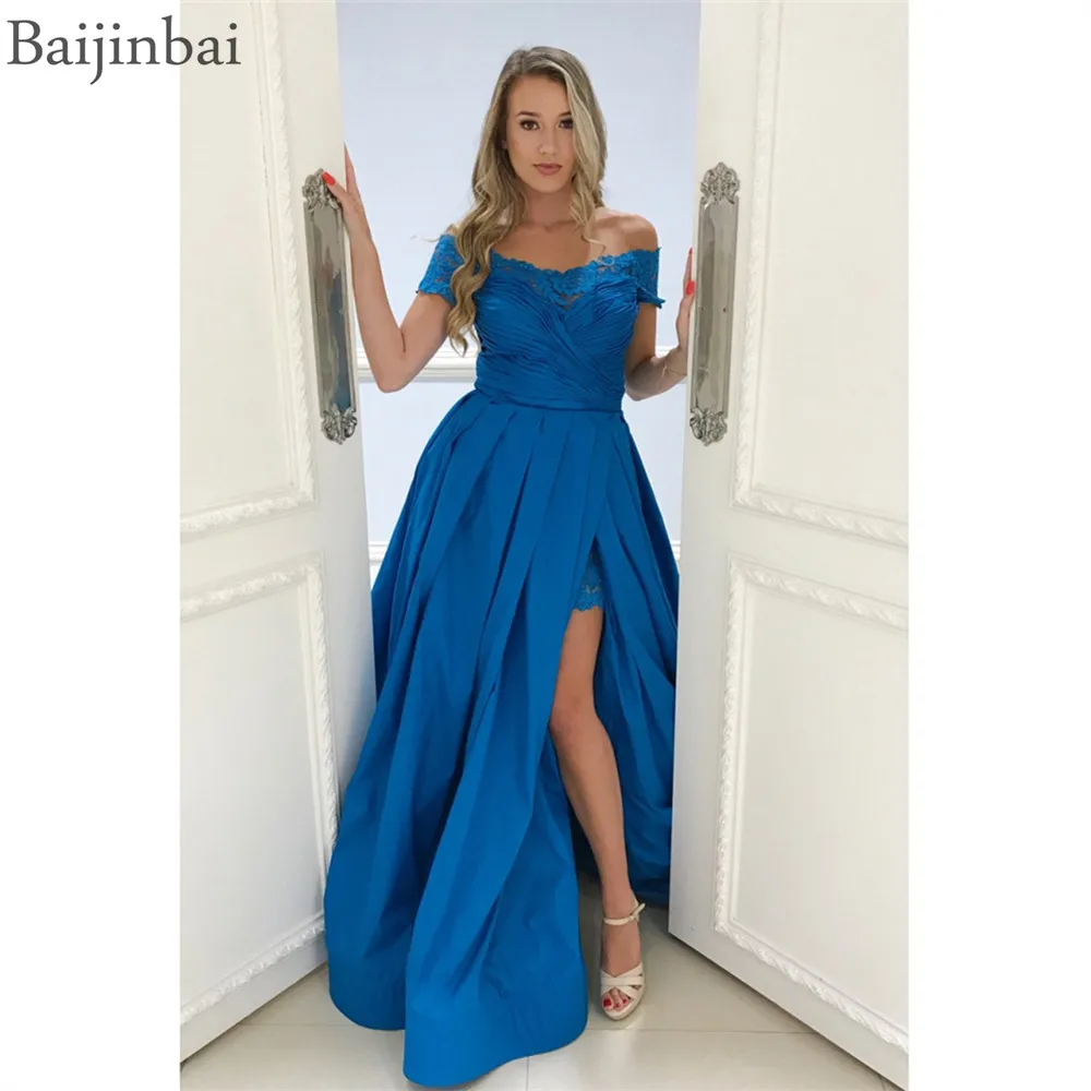 Baijinbai Съемная Поезд торжественные платья для выпускного с открытыми плечами Синий Вечерние Платья Короткий разрез кружево особых случаев