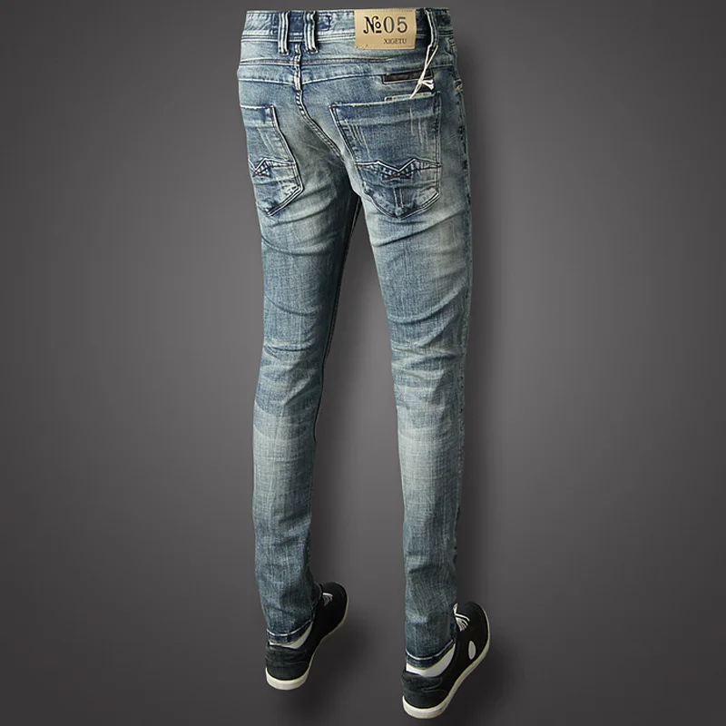 Модные мужские джинсы в итальянском стиле в стиле ретро, синие Винтажные эластичные рваные джинсы, мужские облегающие брюки в стиле