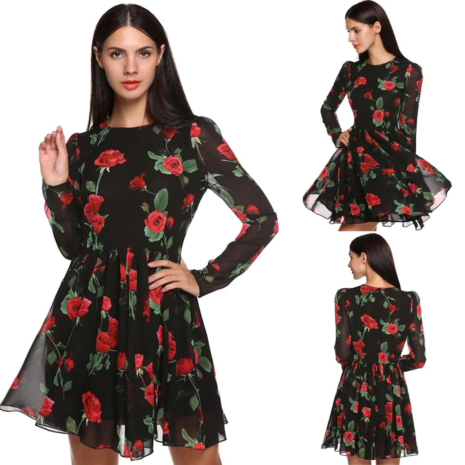 Women's Spring Summer Autumn Elegant Floral Printed Slim Beach Casual