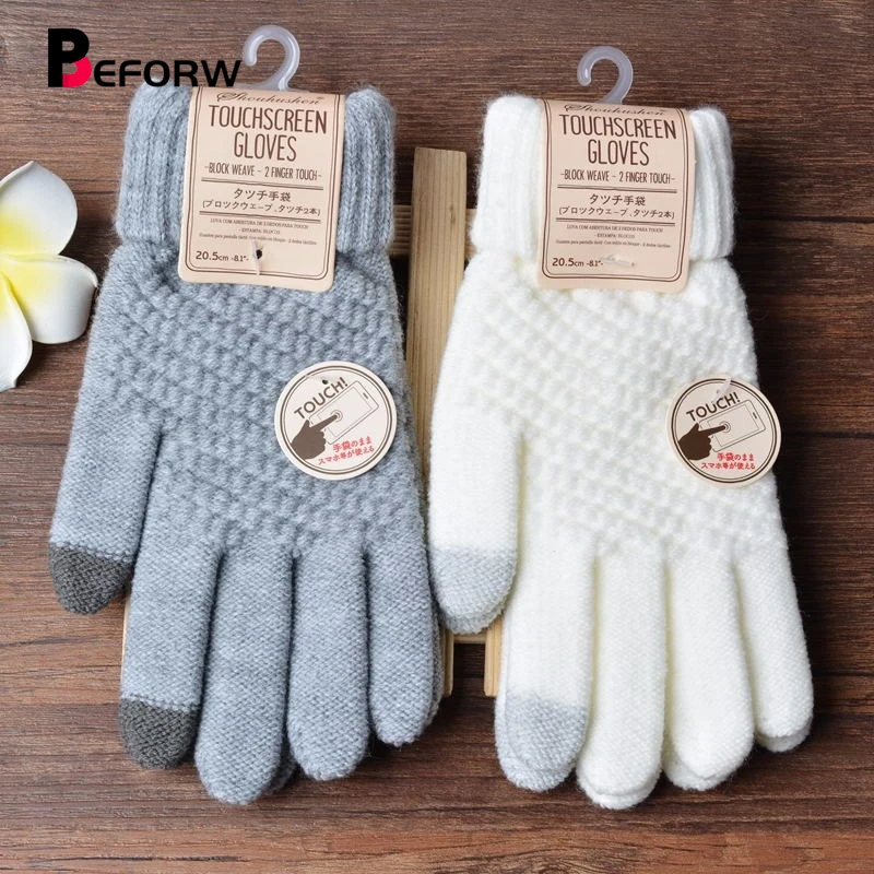 

BEFORW Fashion Women Men Touch Screen Gloves Winter Warm Stretch Knit Mittens Wool Full Finger Guantes Female Crochet Mitt Luvas