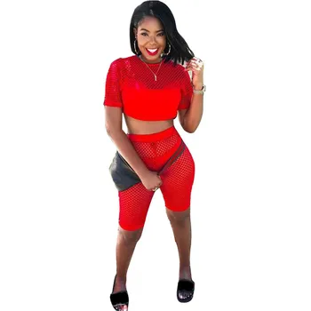 

Sexy Mesh Hollow Summer 2 Pieces Set Women Crop Top Shorts Beach Casual Tracksuits Hollow Out Short Sleeve Sportswear Outfits