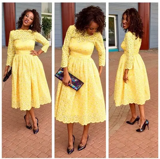Yellow Lace Tea Length Dress