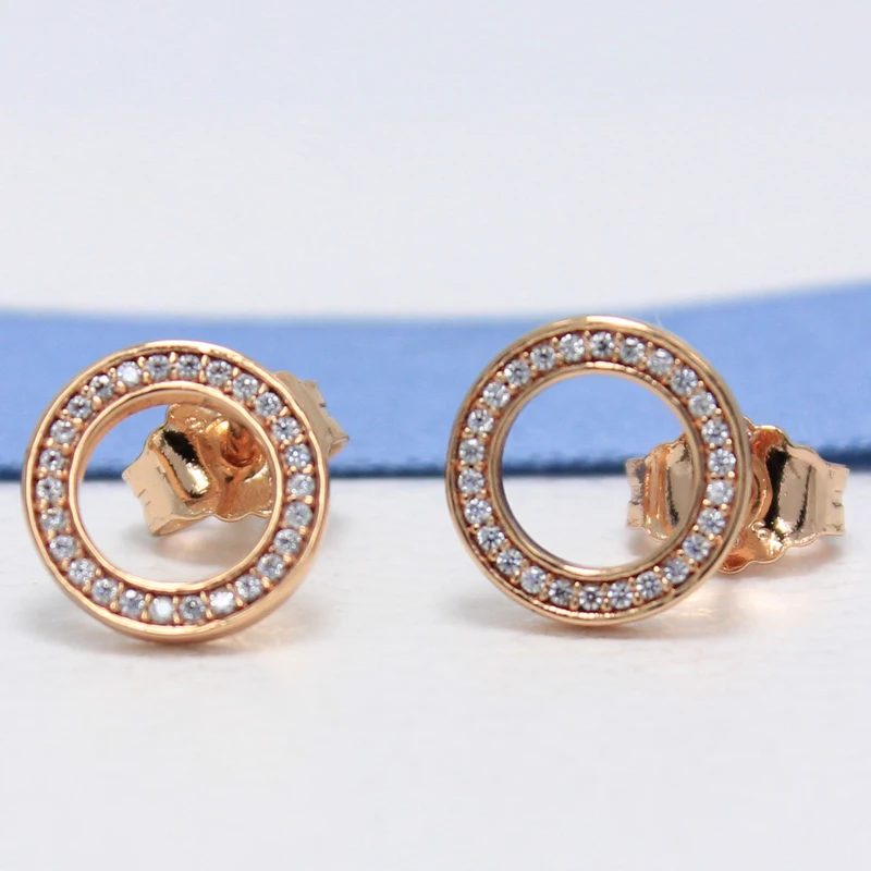 

ROCKART 925 Sterling Silver Forever Circular Stud Earrings With Clear CZ & Gold Color For Women Fine Jewelry Gift New Hot