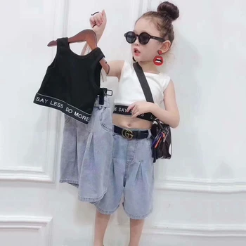 

Summer girls 2 pcs set vest + jeans kids suit children set streetwear fashion letter knit denim wide leg 4 to 14 yrs