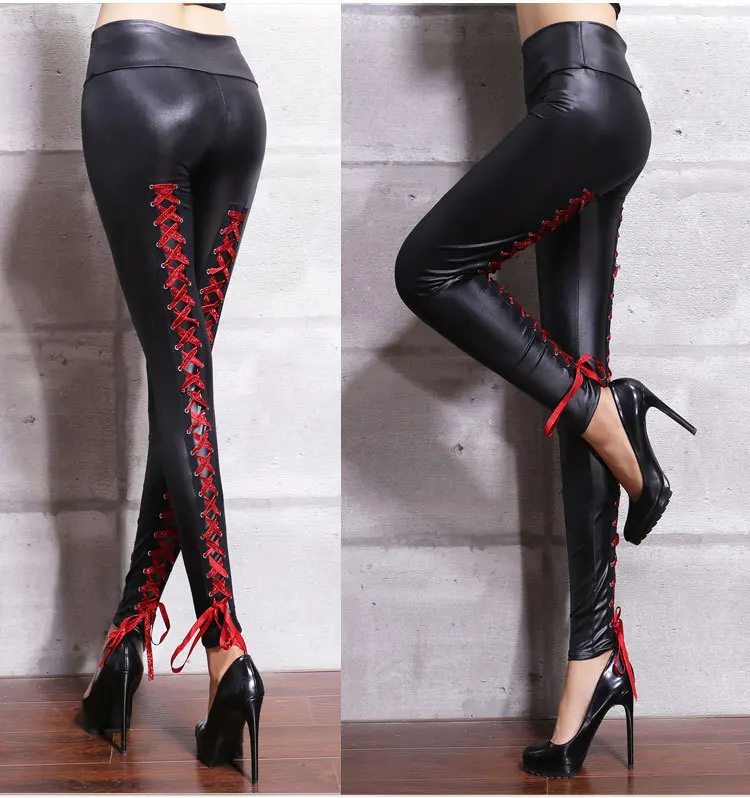 

Lady creative spring and autumn big size high waist elastic imitation leather pants sexy carry buttock cross strap strap legging