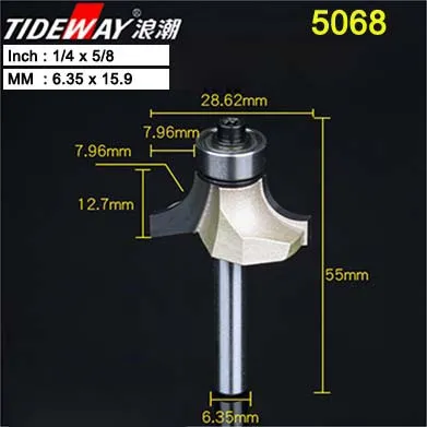 Tideway 1/4 6.35mm Corner Round Bit for Wood Woodworking Tool 2 flute Endmill with Bearing Milling Cutter Corner Round Over Bits - Длина режущей кромки: 5068