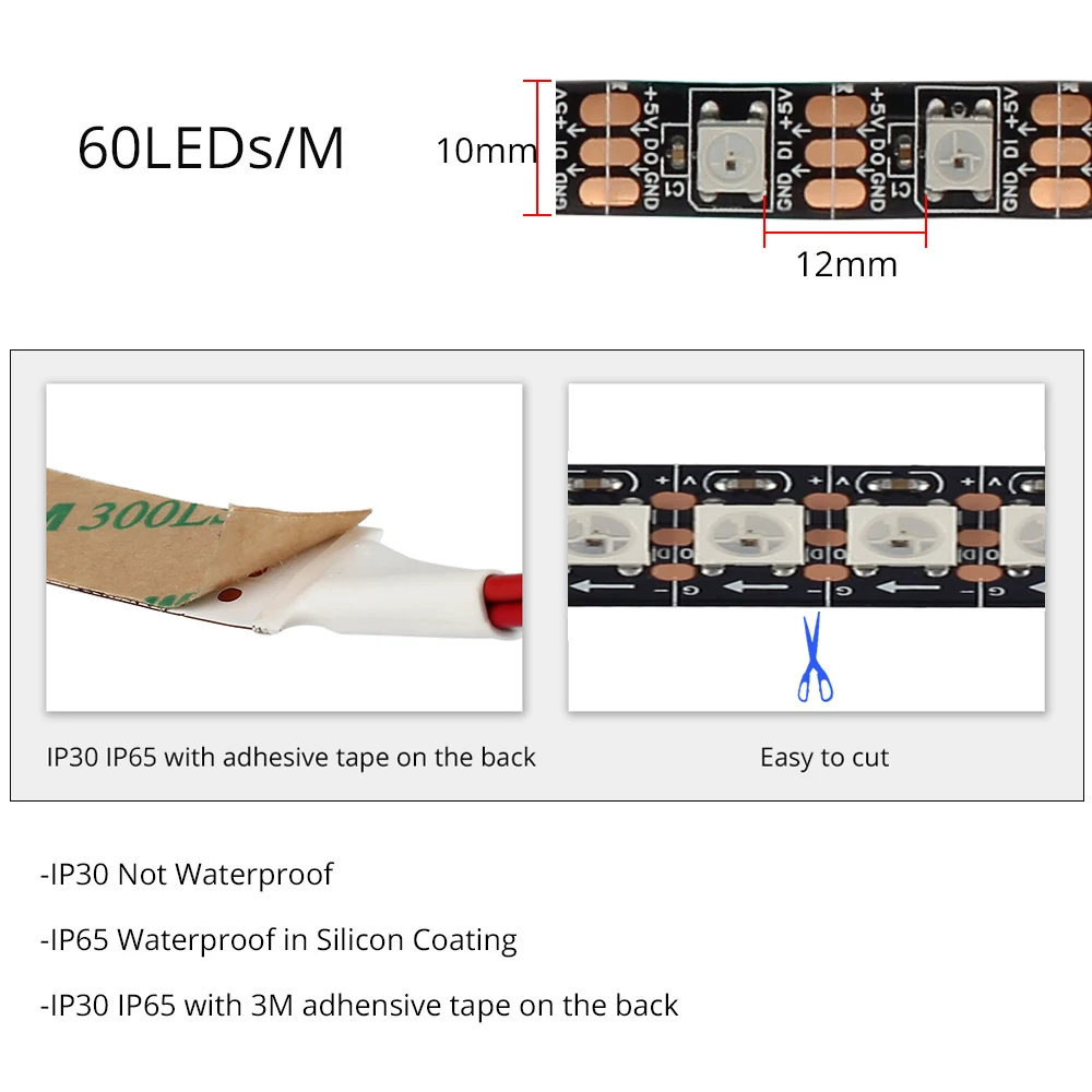 WS2812B rgb светодиодные полосы 1 м 60 светодиодов/M 2812 СИД IP30/IP65/IP67 Водонепроницаемый индивидуально адресуемые Smart WS2812 IC полосы света