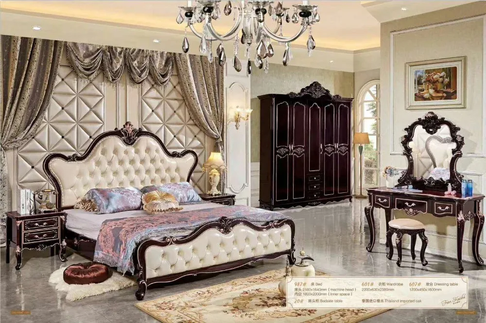 Современная Европейская кровать из массива дерева модная резная кожа французская мебель для спальни набор FEKS008