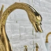 Widespread Swan Bathtub Faucet Golden Tub Mixer Tap Deck Mounted 3 Handle Swan Bath Shower Set with Pull Out Handshower Head 5