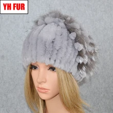 Новинка Россия женский Настоящий мех кролика Skullies шапки Роскошные вязаные цветы натуральный мех кролика рекс шапка зимние шапки из натурального меха