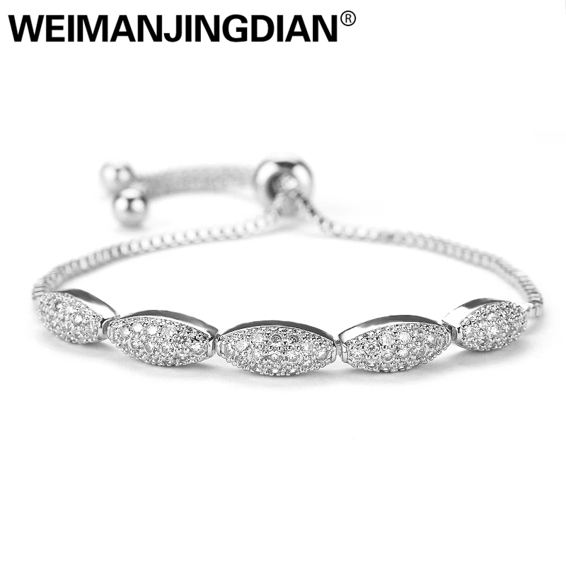 

Stunning Tiny Cubic Zirconia Crystal Pave Oval Shape Adjustable CZ Bolo Bracelets for Lady in Silver / Rose Gold Color Plating