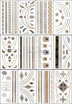 

125pcs Mix 24 Models Temporary Gold Flash Tattoo Metallic Jewelry Tatoo Butterfly Feather Flower Symbols Body Art Beach Tattoos