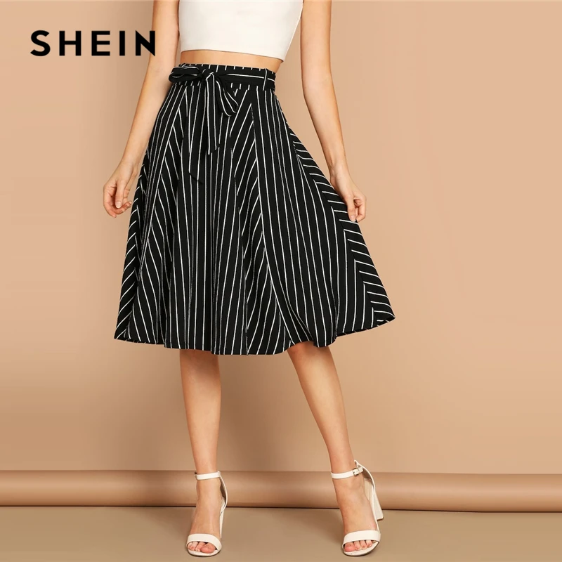 SHEIN Юбка В Полоску С Высокой Талией Женская Черная Летняя Богемная Миди