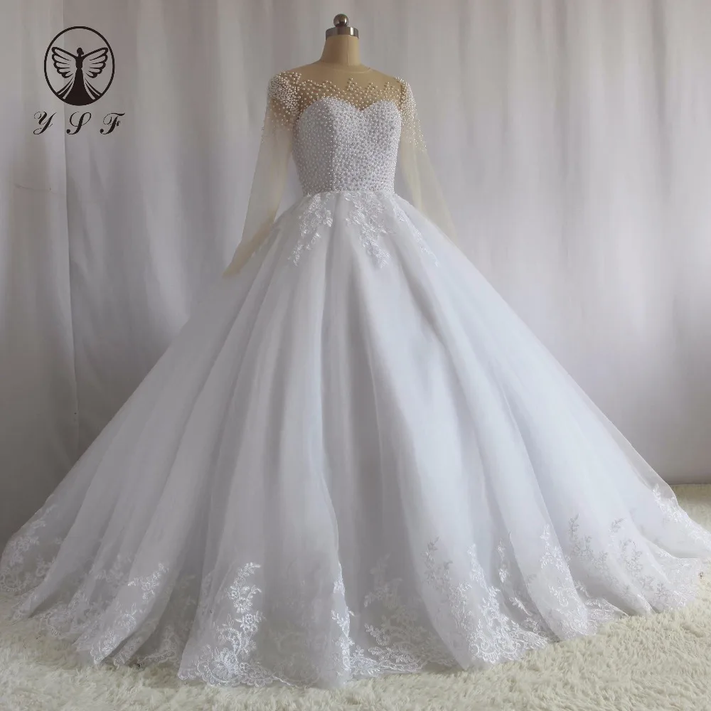 Элегантные Свадебные платья с круглым вырезом, бусинами, жемчужинами и прозрачными пуговицами на спине, длинными рукавами и кружевами