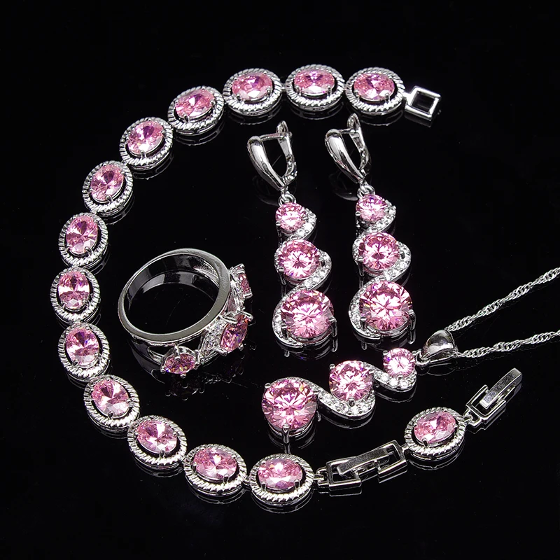 

Beautiful Pink Cubic Zirconia Silver 925 Jewelry Sets For Women Earrings/Ring/Pendant/Necklace/Bracelet Wedding Set Free Box