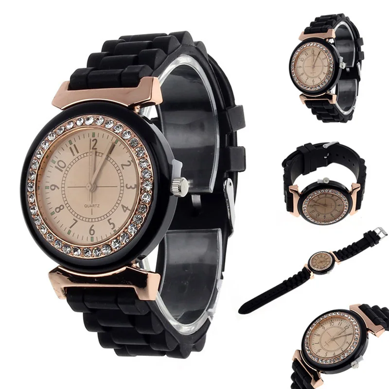

Fashion Moment Women's Watches Classic Rhinestone Rubber Watch Strap Bracelet Women Wrist Quartz Top Dropshipping M3