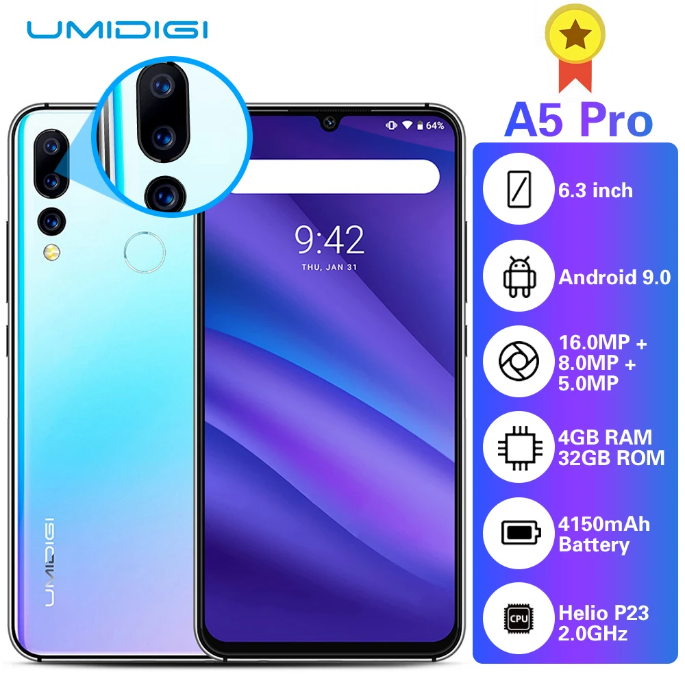 Смартфон UMIDIGI A5 PRO 4G 6,3 дюймов FHD + Android 9,0 мобильный телефон 4 ГБ ОЗУ 32 Гб ПЗУ 16.0MP + 8.0MP + 5.0MP задняя камера мобильный телефон