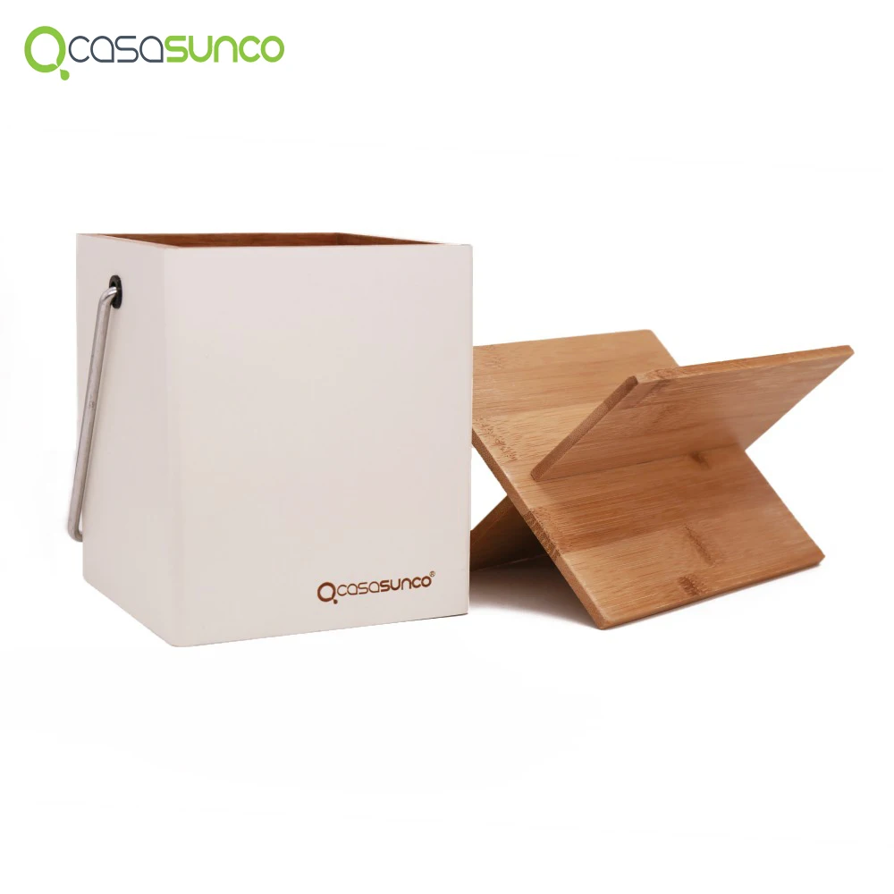 

Bamboo Kitchen Utensil Holder Caddy Crock- Square Kitchen Organizer Box - White/Blue by CASASUNCO