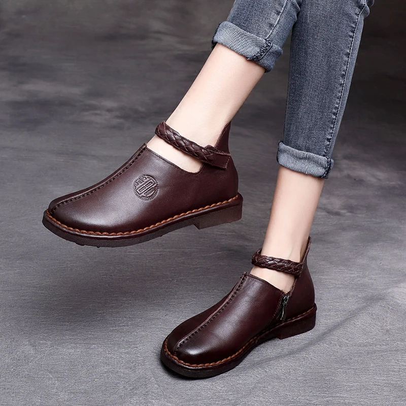 US $44.77 Tyawkiho Genuine Leather Women Flats Ankle Strap Low Heel Women Casual Shoes Soft Bottom Retro Embroidery Leather Flats Handmade