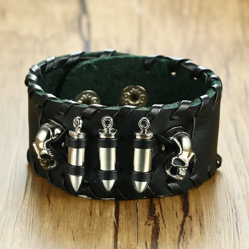 

Vnox Punk Cool Skull Bullet Tough Man Genuine Real Leather Wide Wrist Band Mens Charm Bracelet Pulseira Jewelry Male Wristband