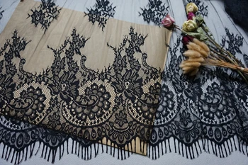 

New Arrival Floral Print Chantilly Lace Fabric In Black White Embroidered Eyelash Tulle Lace Fabric On Mesh