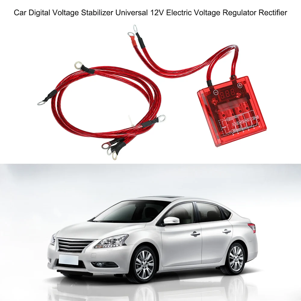

12V Car Digital Voltage Stabilizer Electric Voltage Regulator Rectifier with Earth Ground Cables for Car Truck Auto Accessories