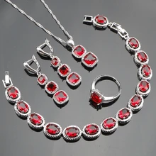 925 пробы серебряные Ювелирные наборы для женщин Свадебные квадратные красные CZ белые браслеты с австрийскими кристаллами/серьги/кулон/ожерелье/кольцо
