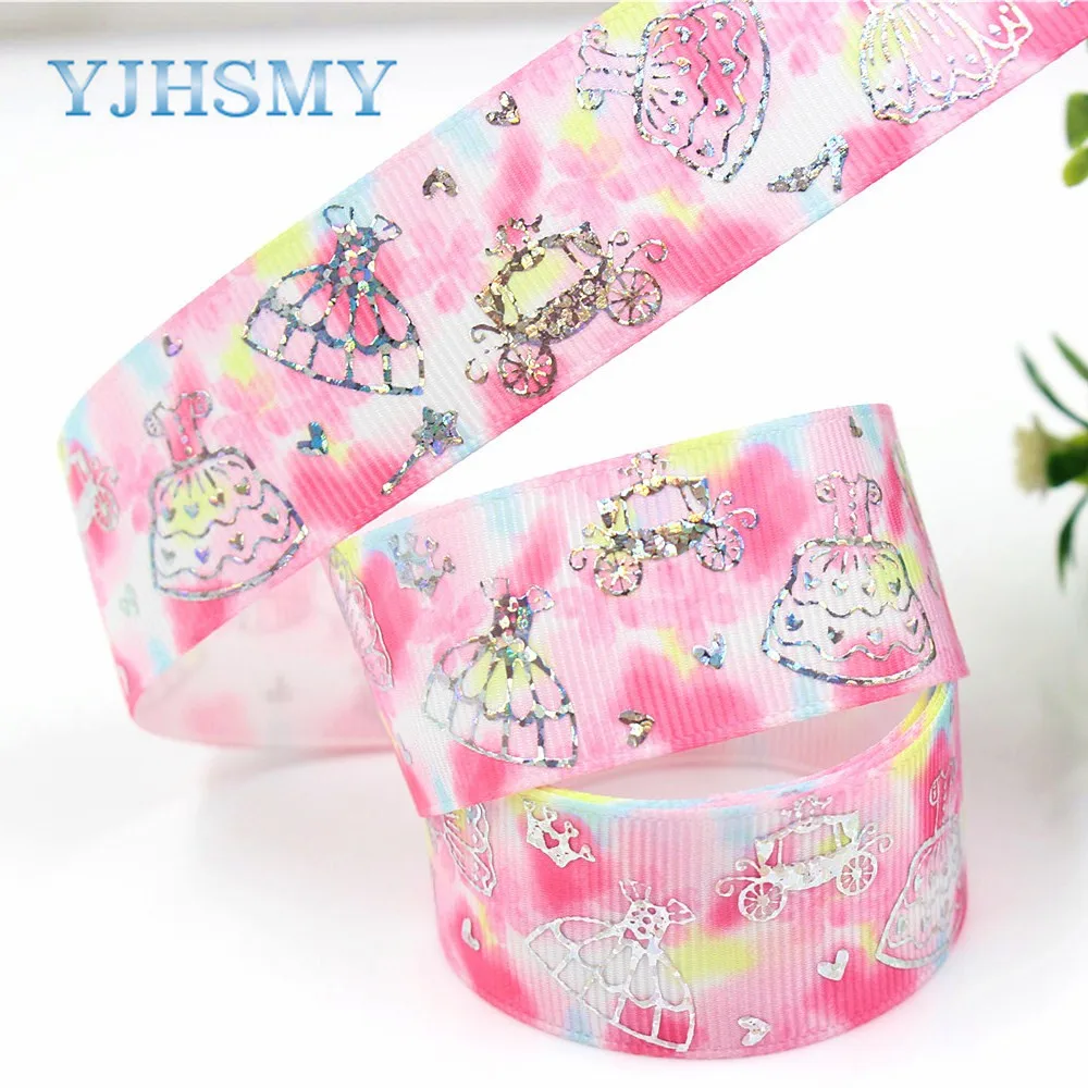 

YJHSMY G-18507-159 25 mm 10 yard laser Silver cute cartoon love Printed grosgrain ribbon DIY handmade headdres wedding gift wrap