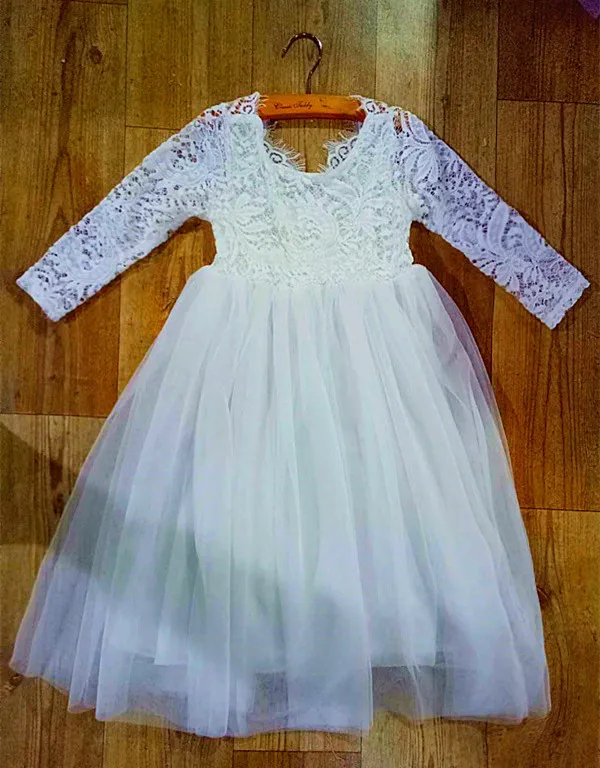 

Girls Lace Princess Dress Kids Long Party Tulle Dress White Flower Dresses Eyelash Back 2018 New Summer Mid Calf Length