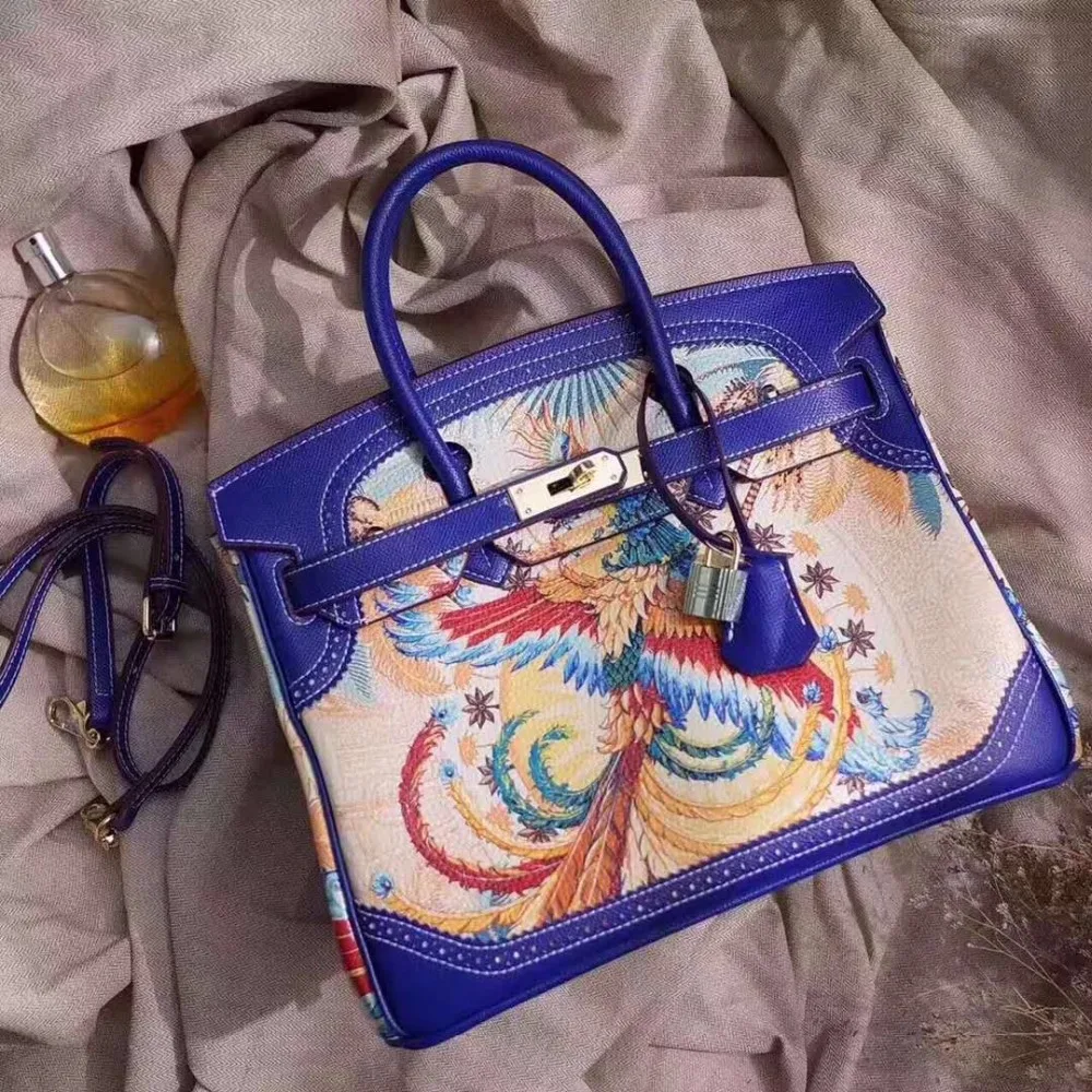 

2018 hot selling latest fashion women lady cowhide skin leather shoulder cross body bag with horse birds painting skin handbag