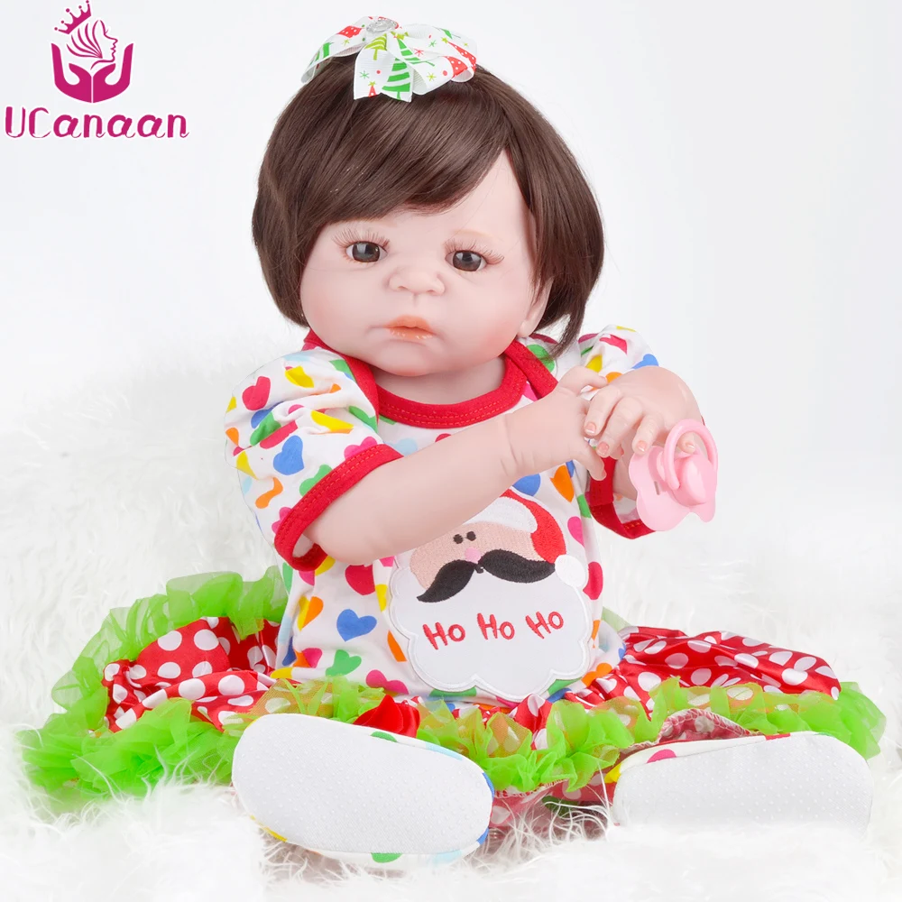 

UCanaan 55CM Long Hair Brown Eyes Silicone Doll Reborn Santa Claus Dress Kawaii Toys For Children Christmas Gift