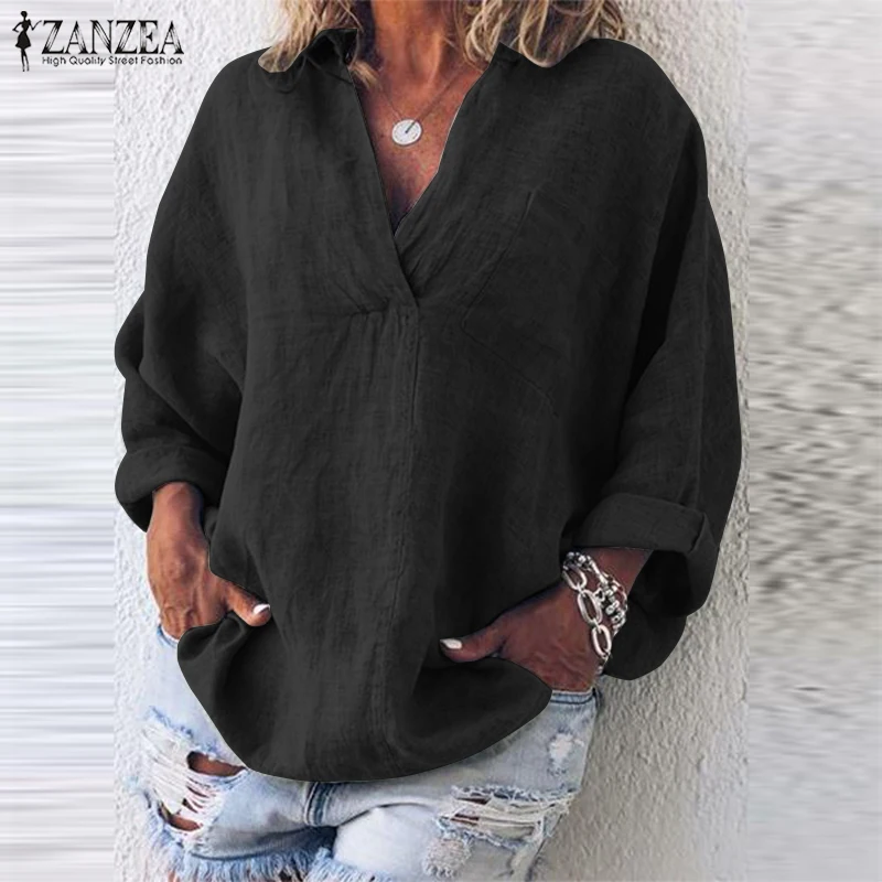 Blusas Top, ZANZEA, Летняя туника для вечеринки, топы, повседневная Однотонная футболка с v-образным вырезом, женская Свободная блузка с длинным рукавом, рубашка, Женская сорочка
