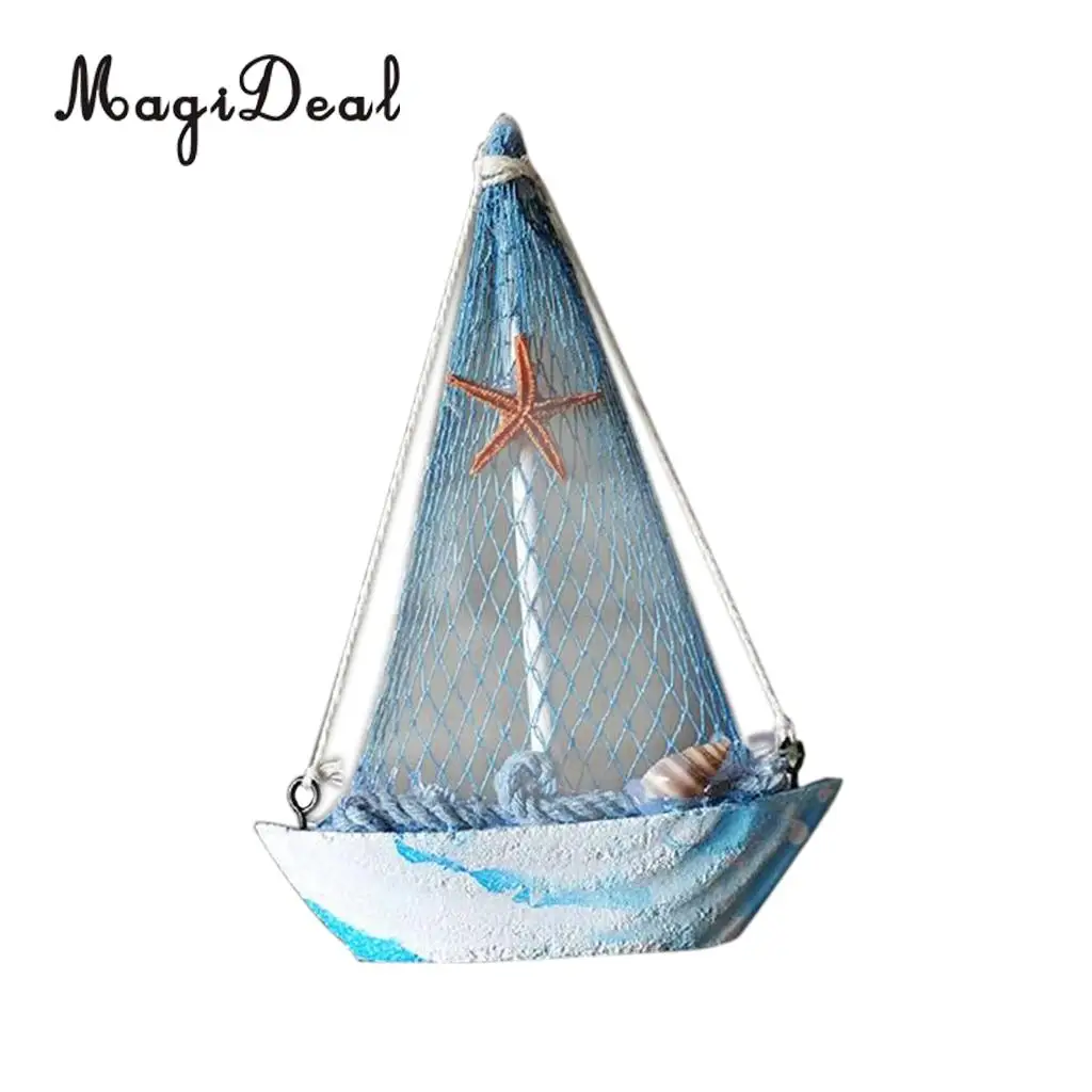 2pcs Vintage Mediterranean Style Marine Nautical Wooden Blue Sailing Boat Ship Wood Crafts Ornaments Party Home Room Decoration