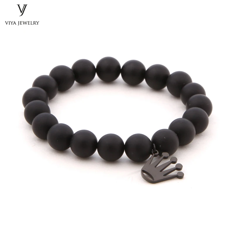 Black Matt Onyx beads elastic bracelet with charm natural gemstone beads braided mactame bracelet (13)