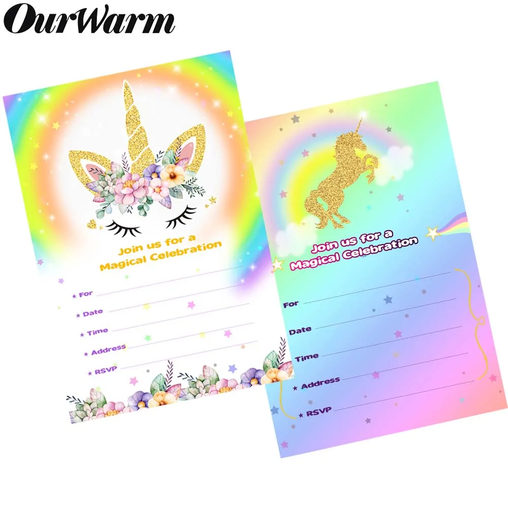 

OurWarm 10Pcs Unicorn Invitations Card Unicornio Party Happy Birthday Party Decorations Kids Favor Postcards with Envelopes