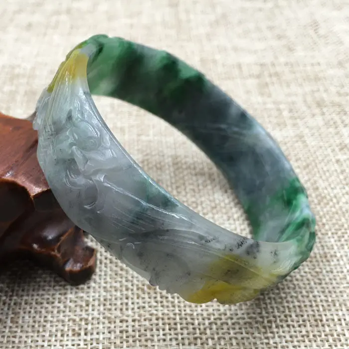 

A-67 Beautiful Hand-carved Emerald Green Jadeite Jade Gems Bracelet Bangle 61mm