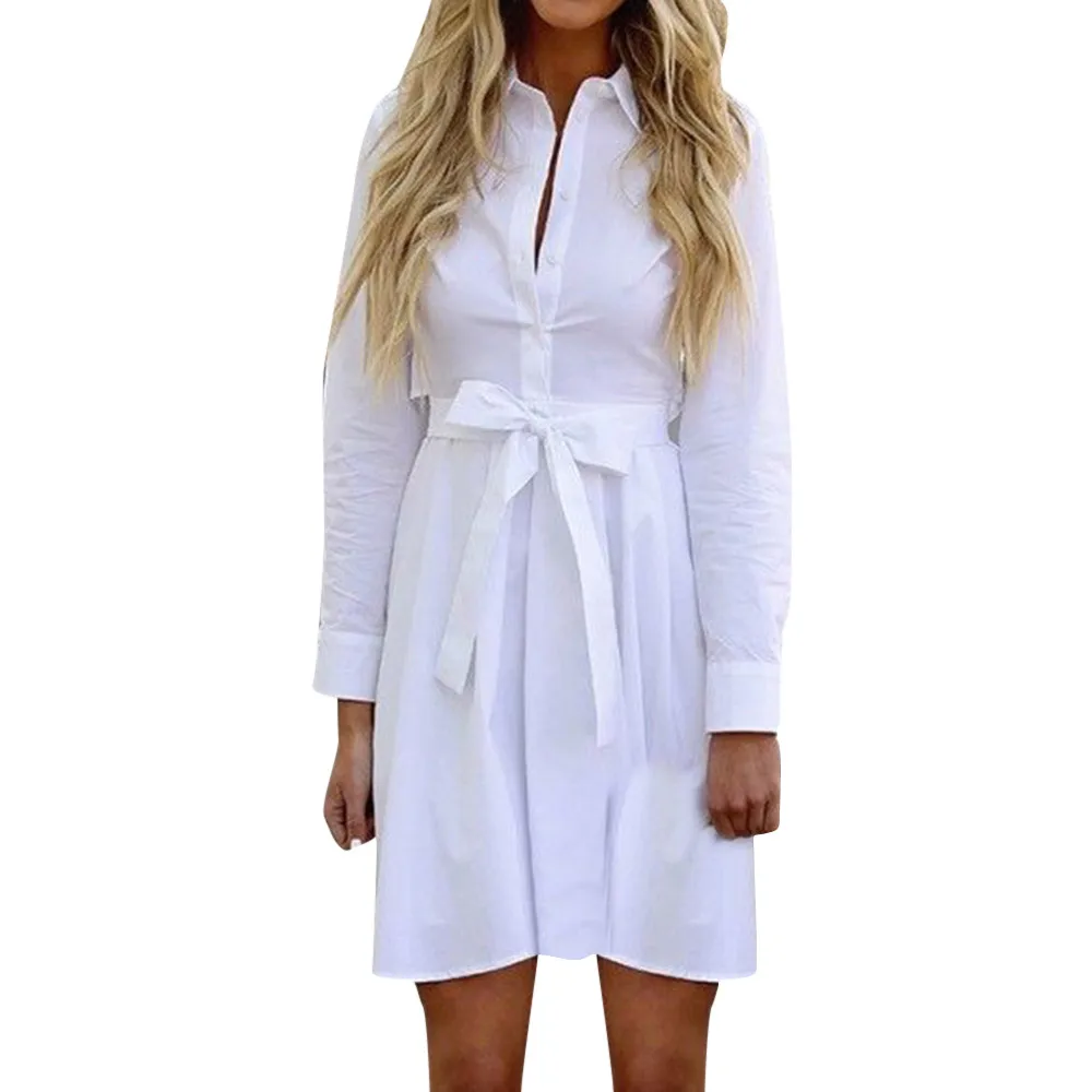 

2019 Elegant Office Summer Dress Women Casual Solid Long Sleeve Linen Belt Button Opening Mini Dress Female Dresses Vestidos