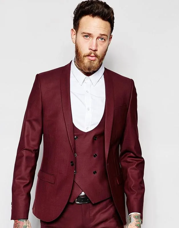 

Burgundy Groom Tuxedos Double-Breasted Men Wedding Tuxedos Shawl Lapel Jacket Blazer Fashion Men Dinner Suit(Jacket+Pants+tie)