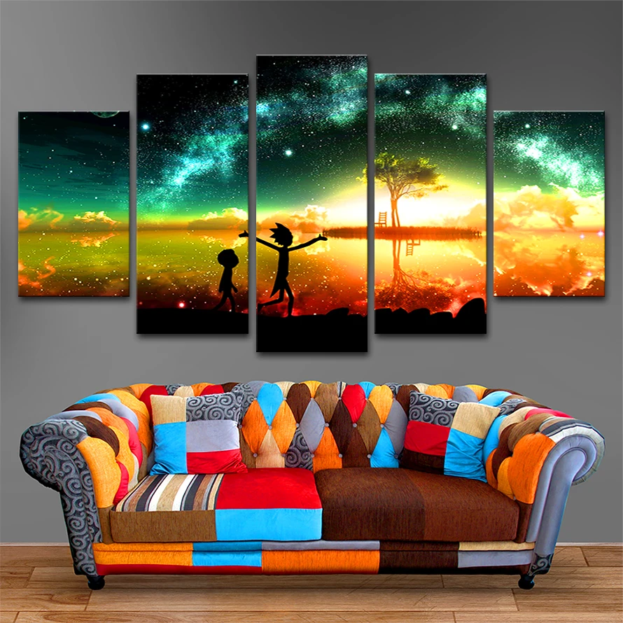

Canvas Paintings For Living Room Wall Art Framework 5 Pieces Rick And Morty Pictures HD Prints Lake Tree Comic Poster Home Decor