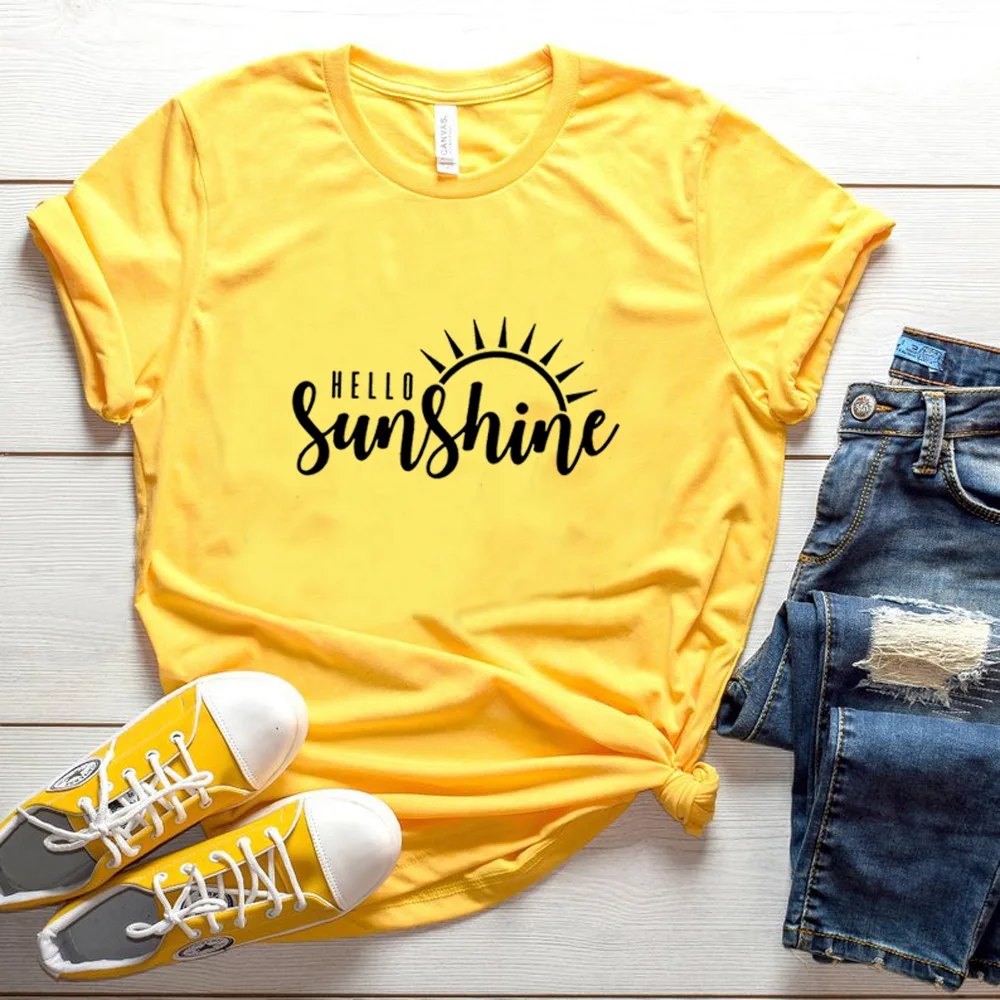 Women's Hello Sunshine Sun Tee Short Sleeve Top Funny Casual Blouse T-Shirt
