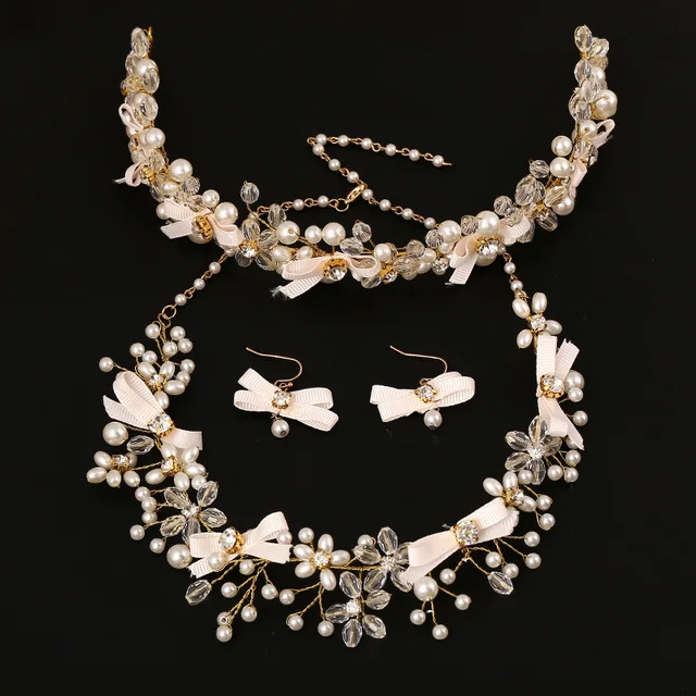 3 Pieces Bridal Jewelry Sets Crystal Pearl Necklace Earrings Hair 3 Pieces Bridal Jewelry Sets Crystal Pearl Necklace Earrings Hair Bow Wedding Accessories
