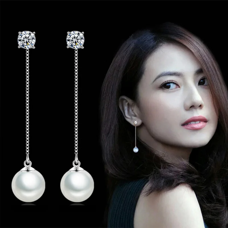 

Golden Cross New Trendy Jewelry Simulated Pearl Pendant Long Chain Cubic Zirconia Long Earrings Bridal Wedding Pearl Earrings
