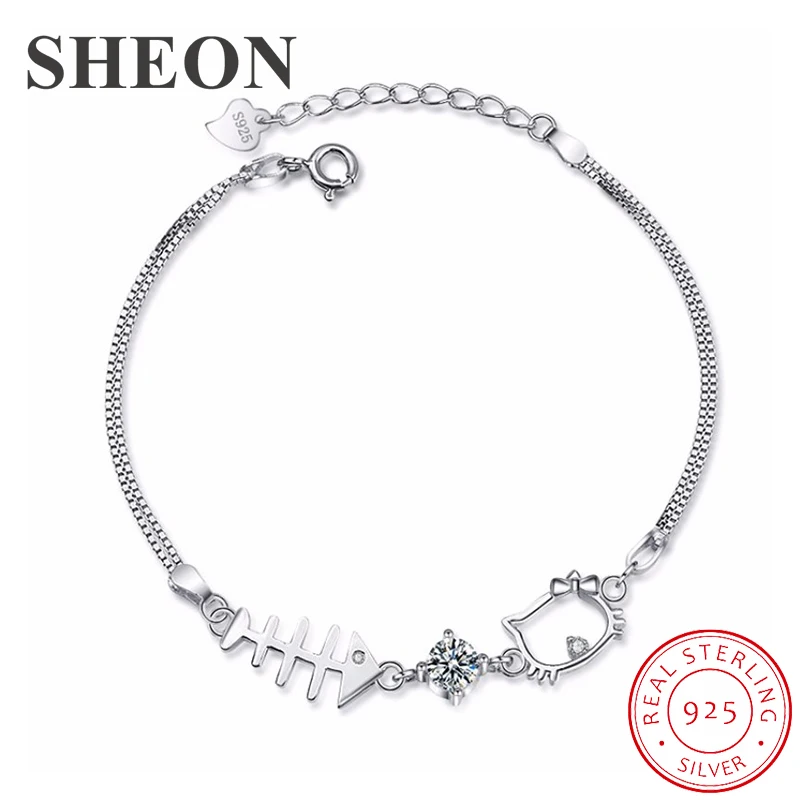 

SHEON Authentic 925 sterling silver Small Fish Falls In Love With Cat Cubic Zirconia Bracelet For Women Sterling Silver Jewelry